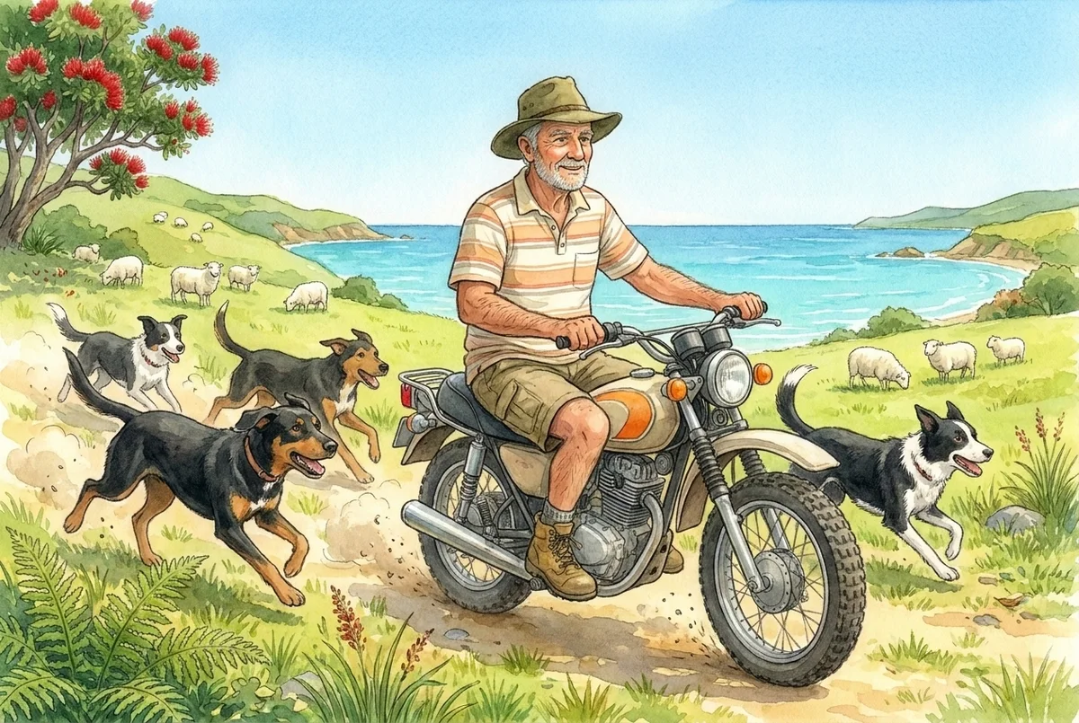 Watercolour of Farmer David riding a farm motorbike above the bay with four working dogs alongside.