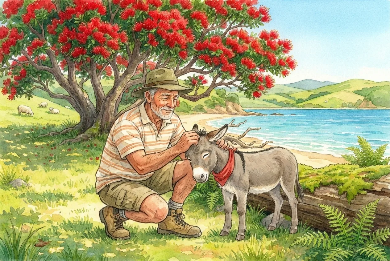 Watercolour of Farmer David scratching the ears of the small grey Ponui donkey beside the bay.