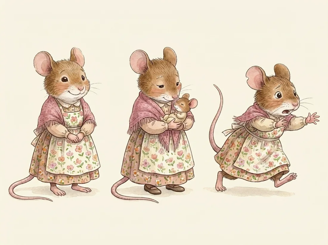 Watercolour studies of Mother Mouse in a floral pinafore, standing, holding Baby and reaching out.