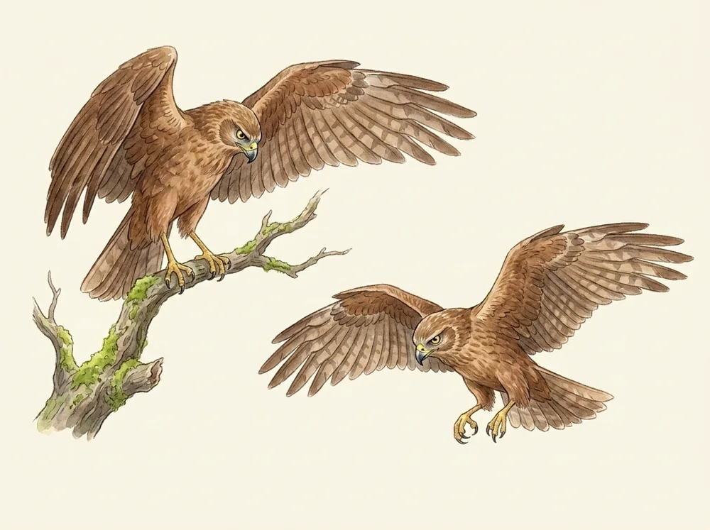 Watercolour studies of a brown swamp harrier on a branch and in flight.