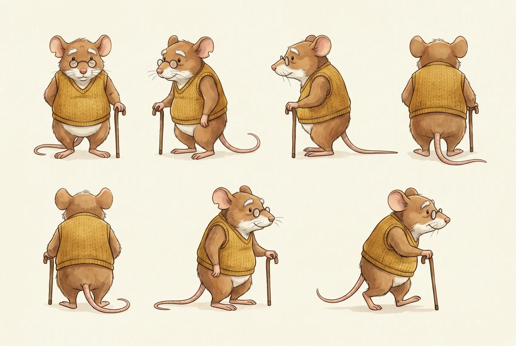 Watercolour turnaround studies of Grandfather Mouse in spectacles and a mustard knitted vest, with his walking stick.